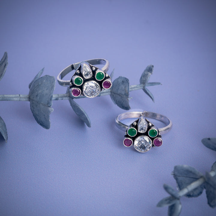 Antique Silver Toe Ring with Emerald & Ruby Stones