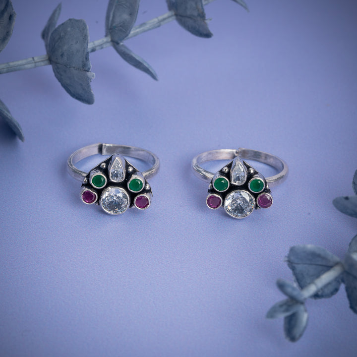 Antique Silver Toe Ring with Emerald & Ruby Stones