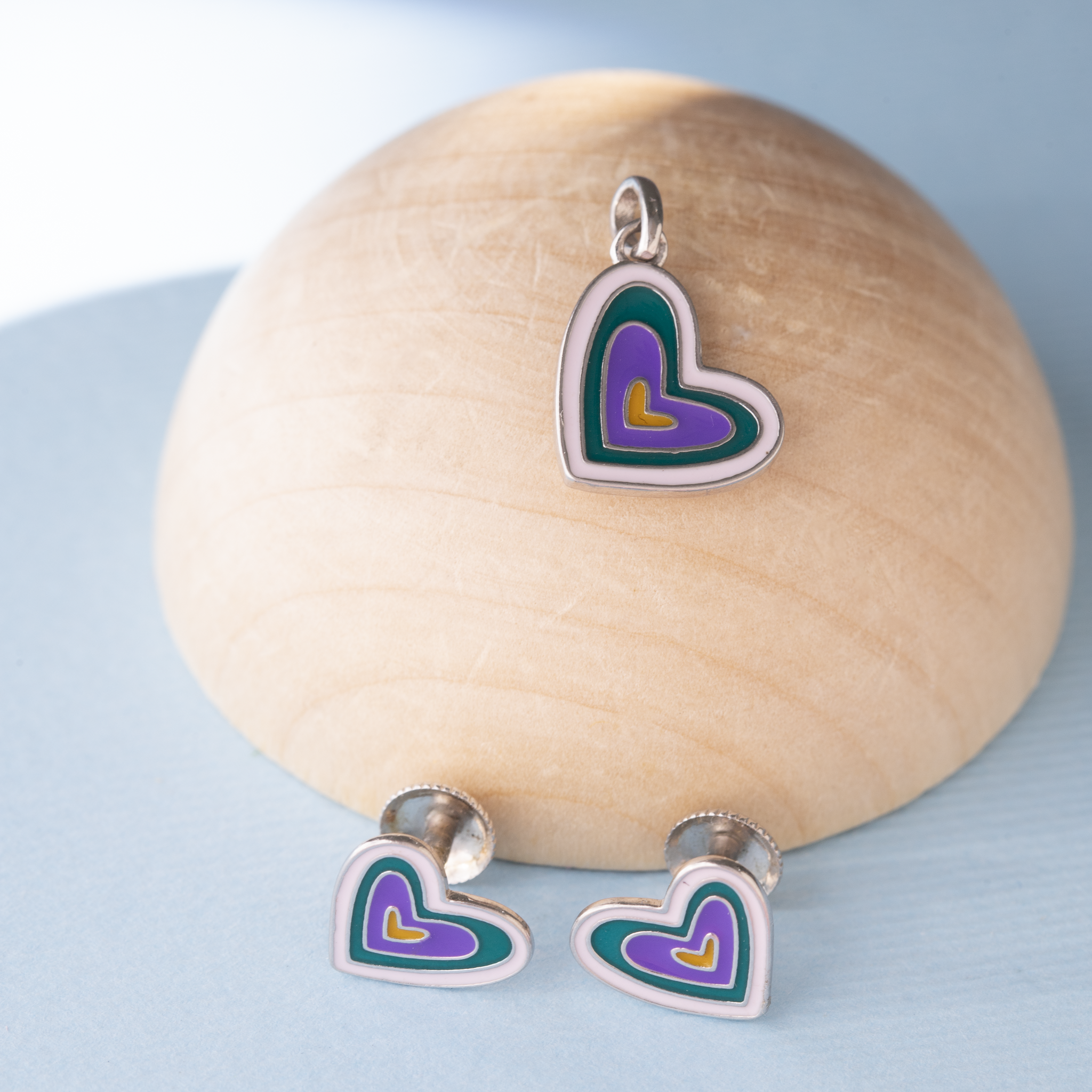 Layered Heart Enamel Pendant and Stud Set
