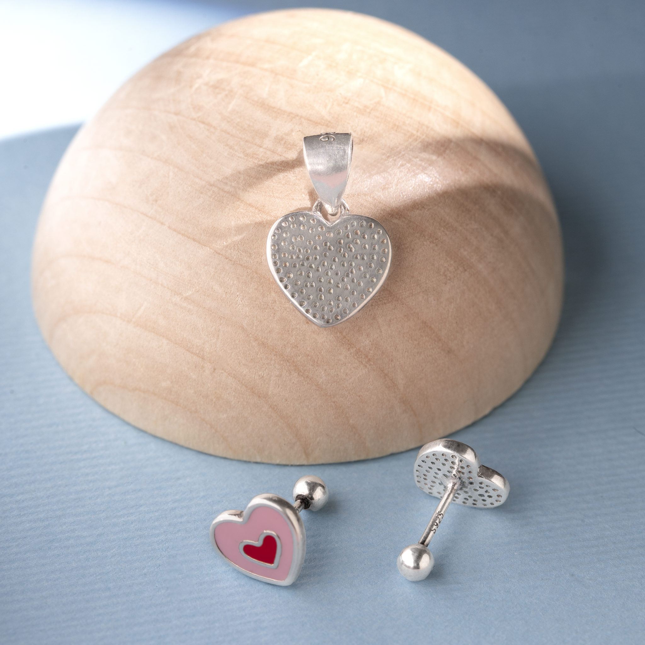 Pink & Red Heart Enamel Pendant and Stud Set
