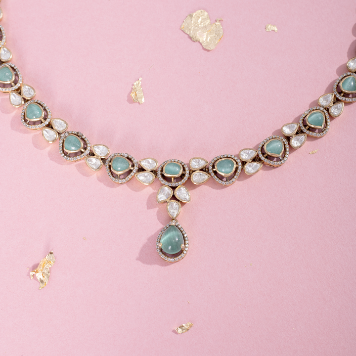 Gold-Plated Green Stone Necklace Set with Matching Earrings