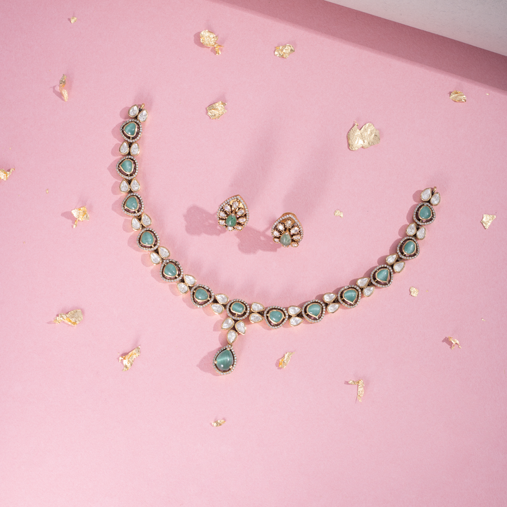 Gold-Plated Green Stone Necklace Set with Matching Earrings