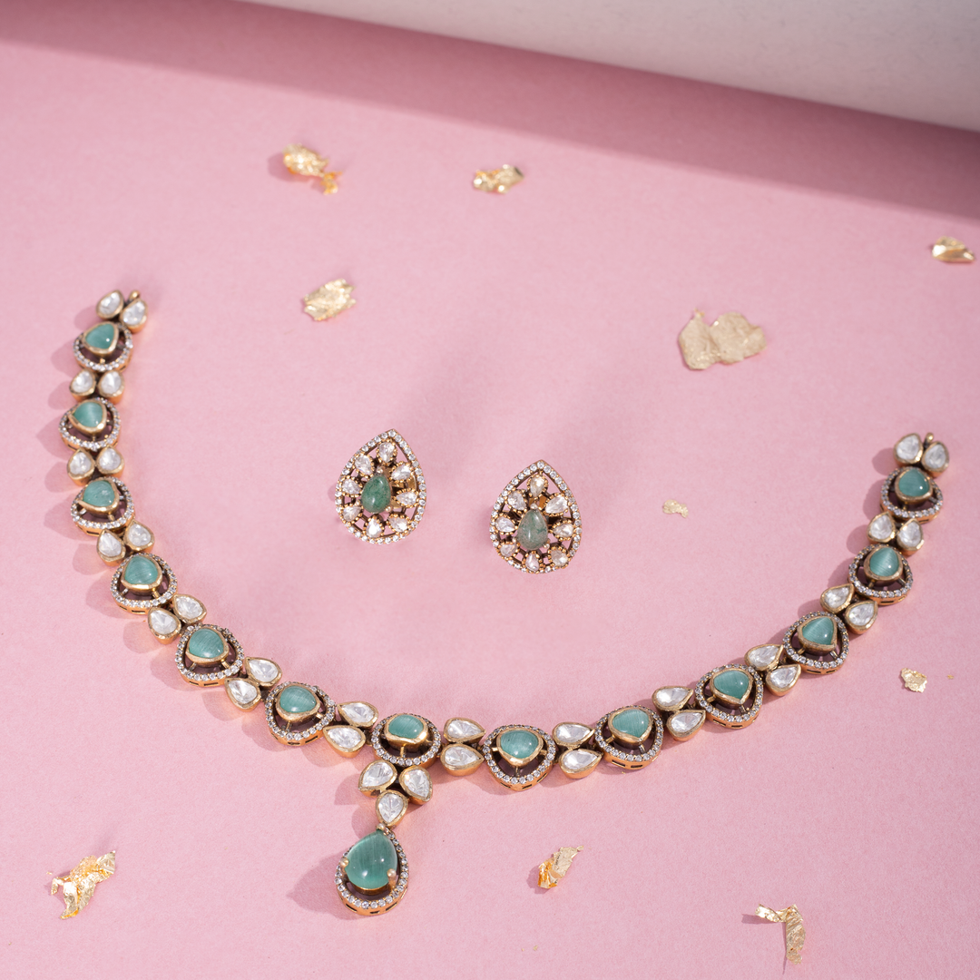 Gold-Plated Green Stone Necklace Set with Matching Earrings