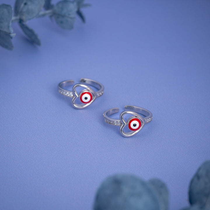 Fancy Heart-Shaped Evil Eye Toe Ring in Silver