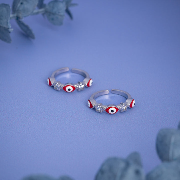 Fancy red Evil Eye Toe Ring in Silver