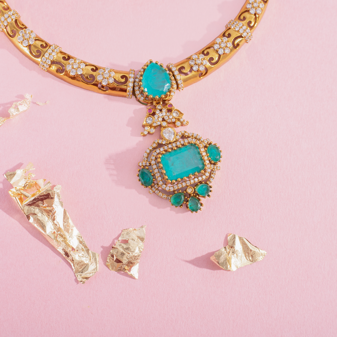 Green Stone Necklace Set with Matching Stud Earrings