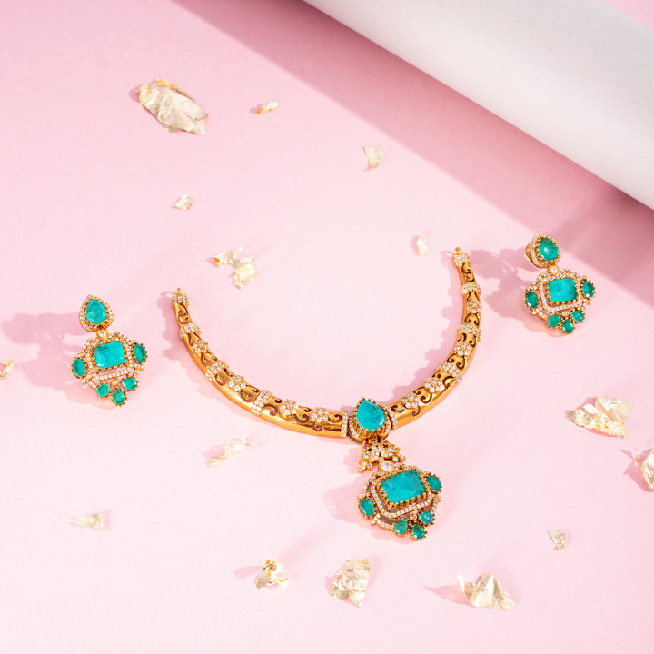 Green Stone Necklace Set with Matching Stud Earrings