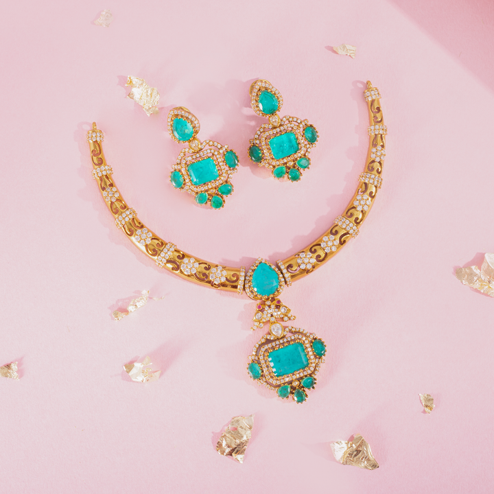 Green Stone Necklace Set with Matching Stud Earrings