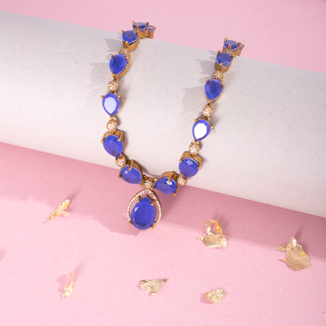 Gold-Plated Blue Stone Necklace Set with Matching Stud Earrings