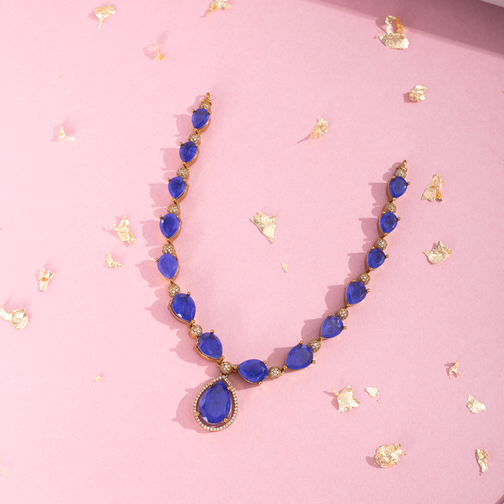 Gold-Plated Blue Stone Necklace Set with Matching Stud Earrings