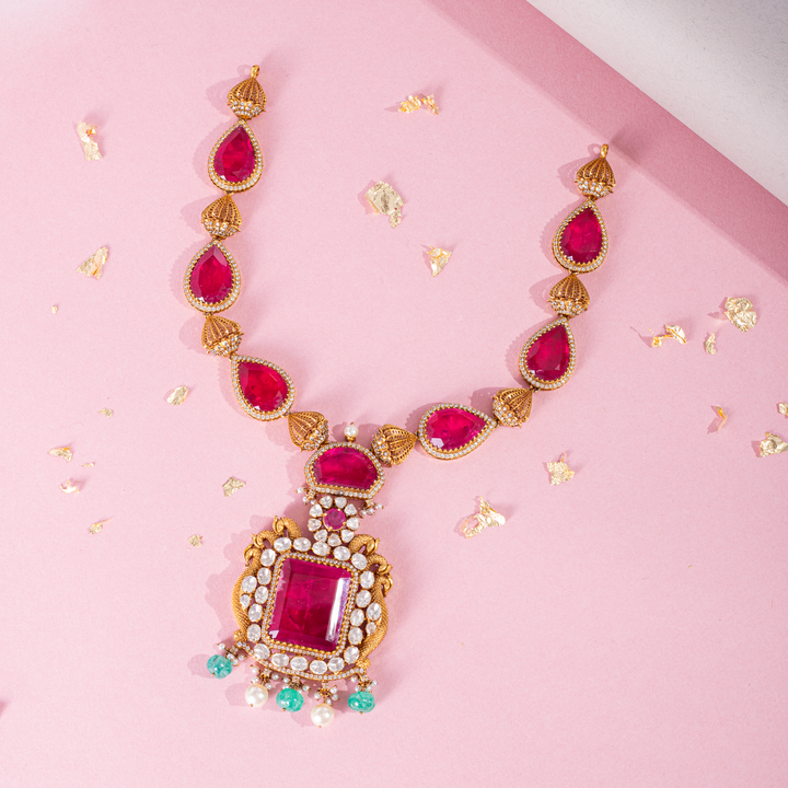 Gold-Plated Ruby Stone Malai with Antique Pendant