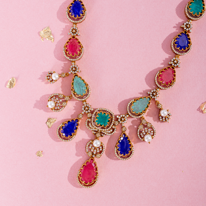 Multicolour Stone Malai with Matching Stud Earrings