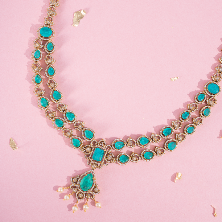 Double Layer Green Stone Malai Set with Matching Earrings