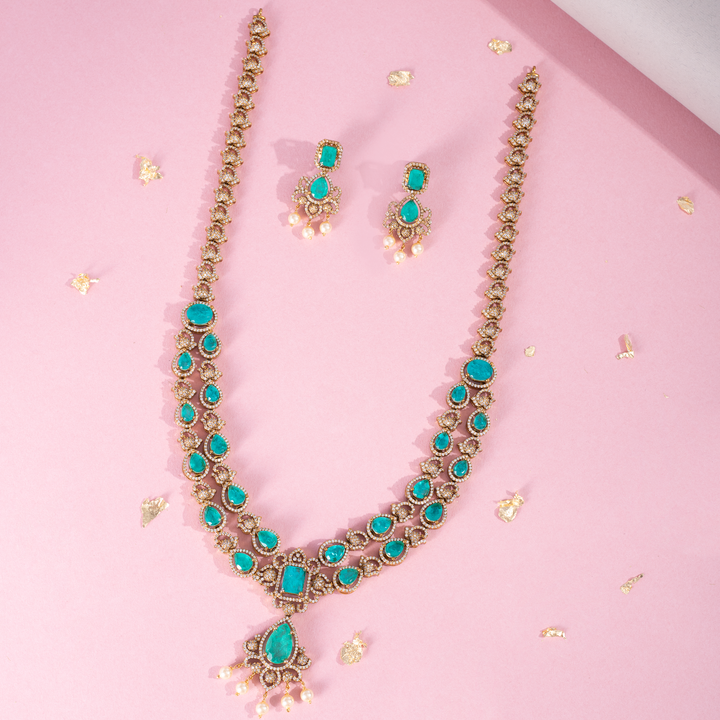 Double Layer Green Stone Malai Set with Matching Earrings