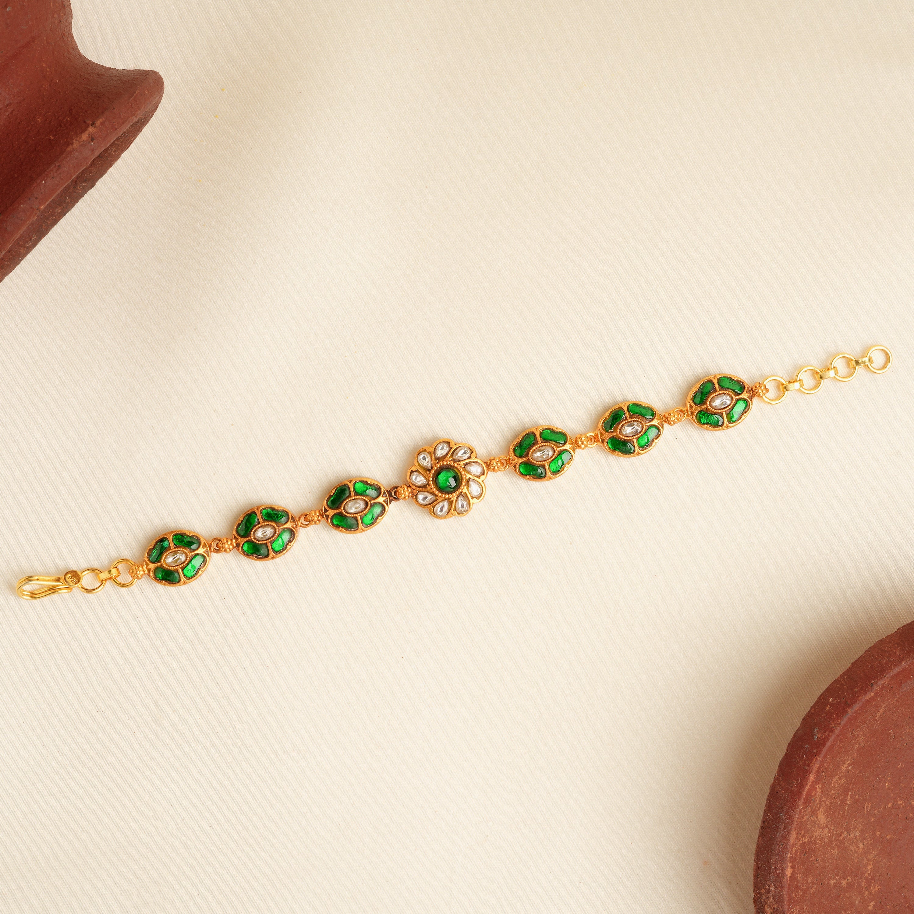 Gold-Plated Green Enamel Kundan Bracelet