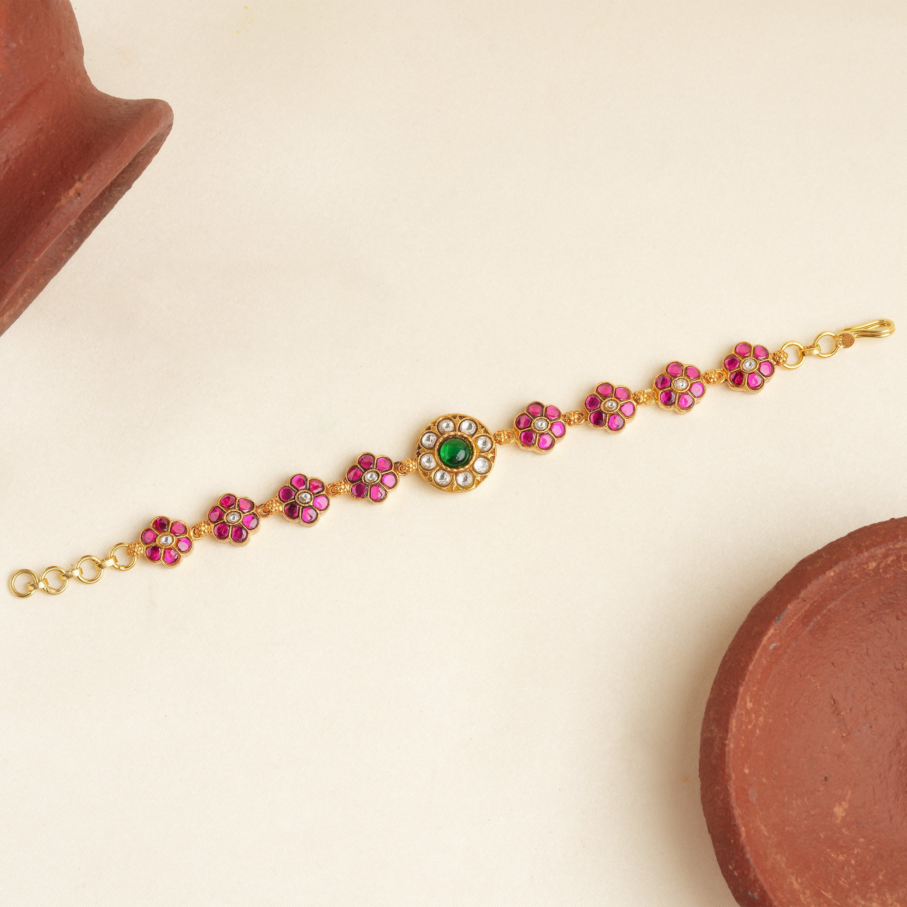 Gold-Plated Ruby & Green Kundan Floral Bracelet