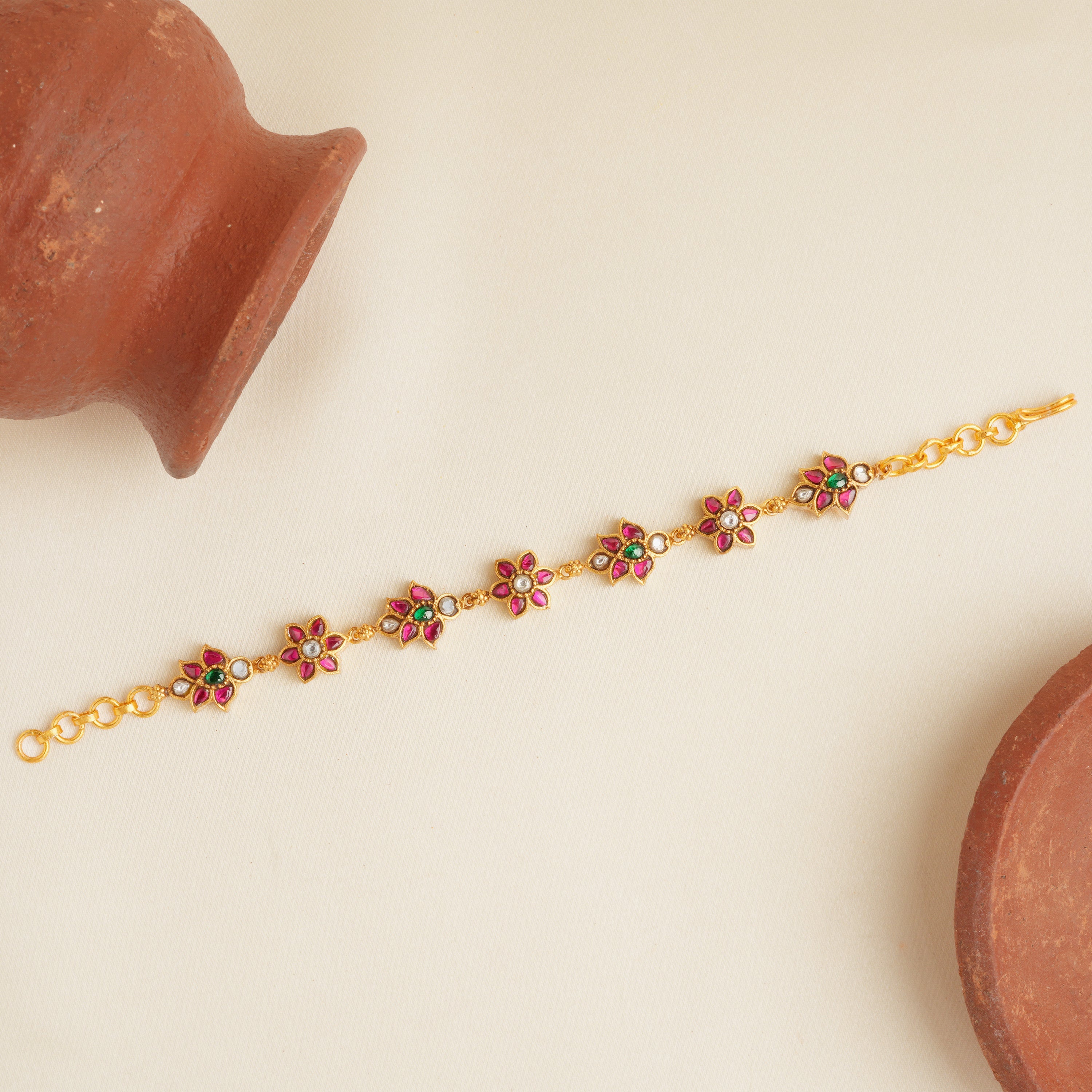 Gold-Plated Ruby & Emerald Floral Kundan Bracelet