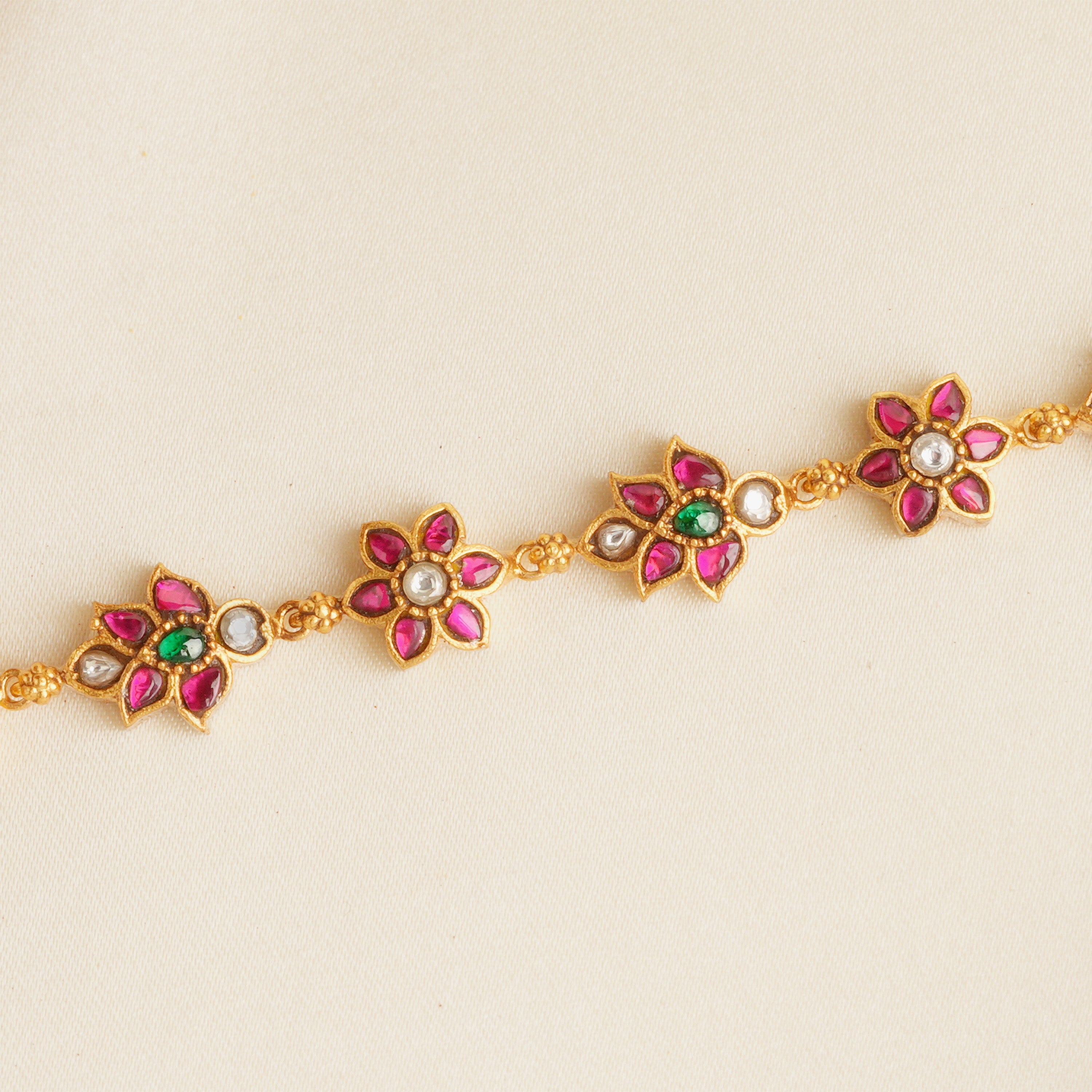 Gold-Plated Ruby & Emerald Floral Kundan Bracelet