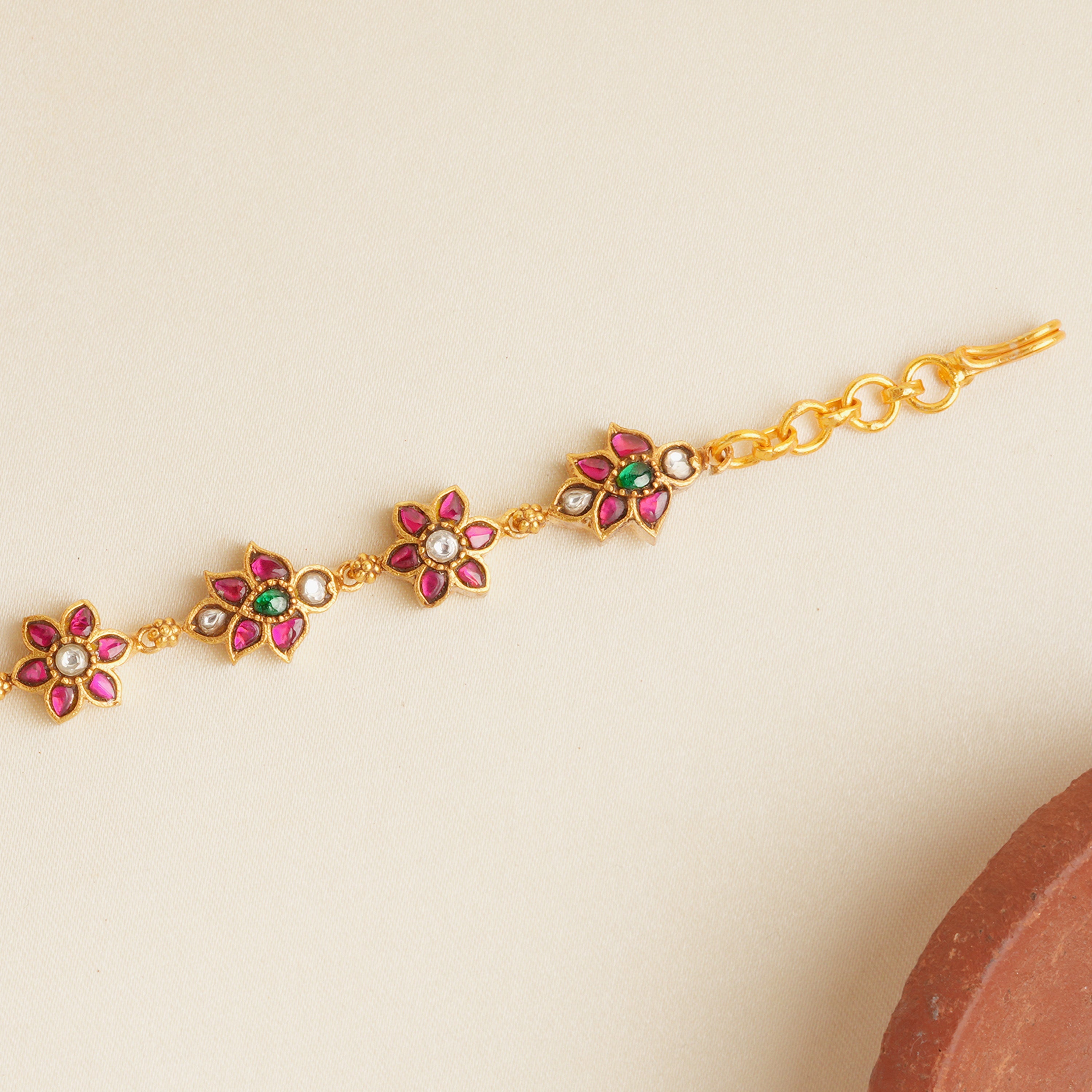 Gold-Plated Ruby & Emerald Floral Kundan Bracelet