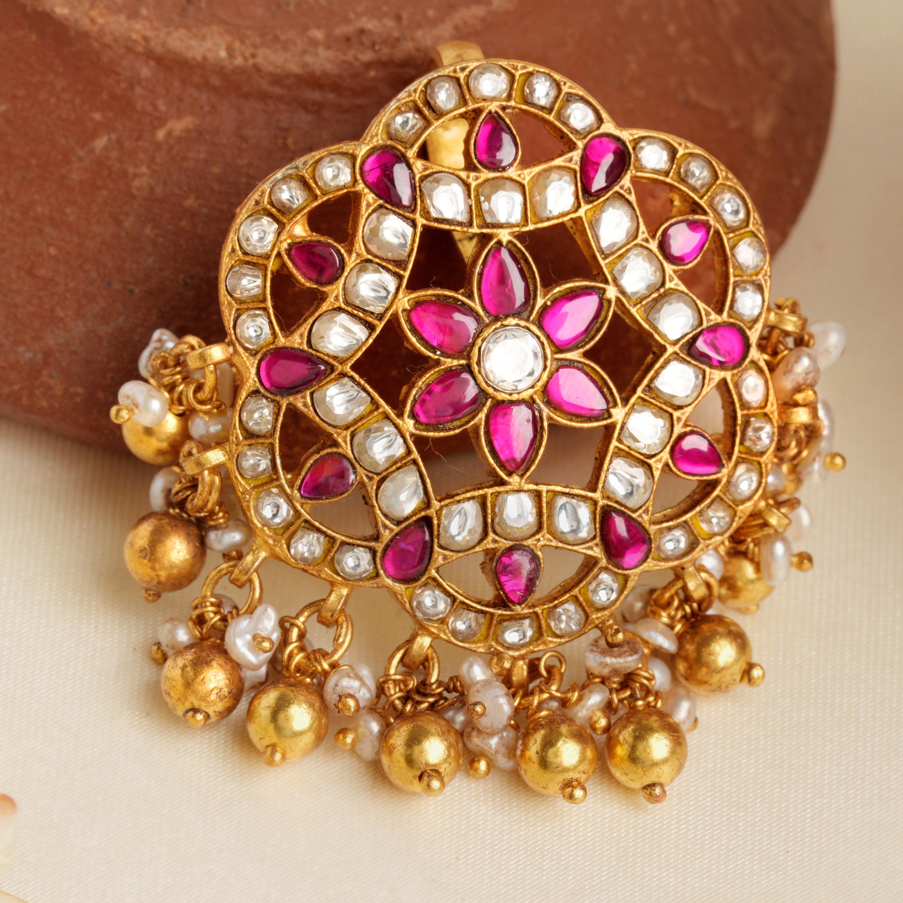 Gold-Plated Ruby & Pearl Chandbali pendant