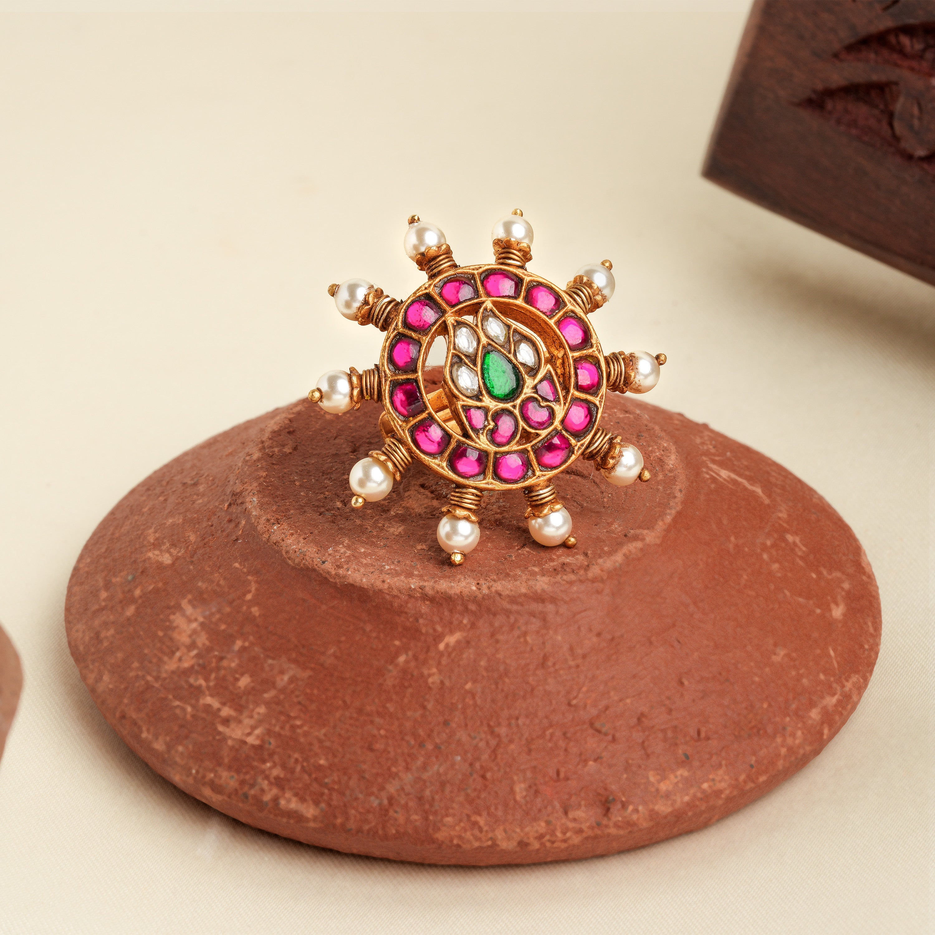 Gold-Plated Ruby & Pearl Kundan Ring