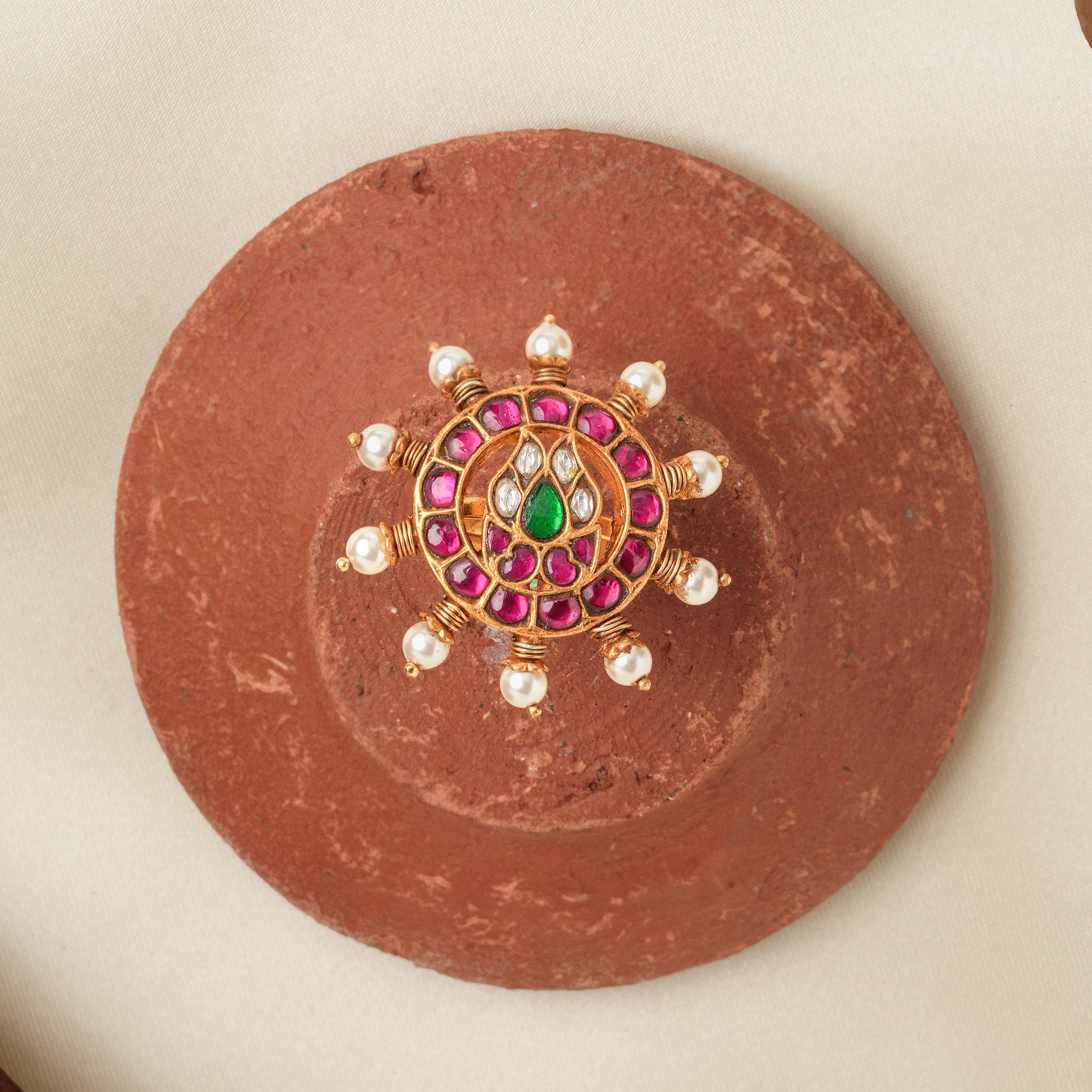 Gold-Plated Ruby & Pearl Kundan Ring