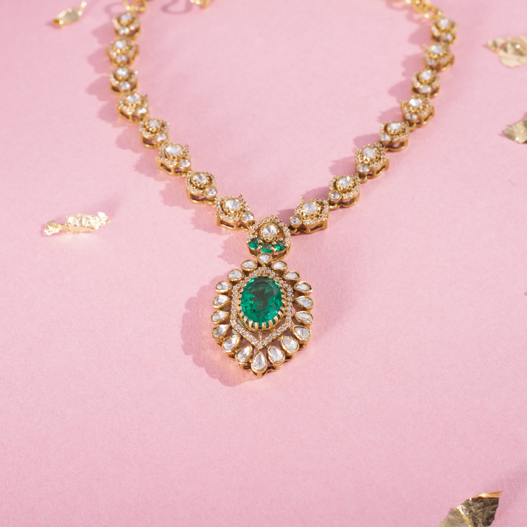 Gold-Plated Emerald Green Pendant Necklace