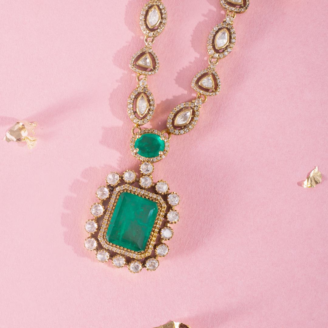 Emerald Pendant Necklace Set with Matching Earrings