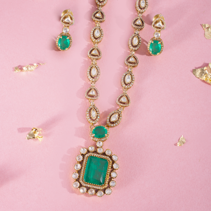 Emerald Pendant Necklace Set with Matching Earrings