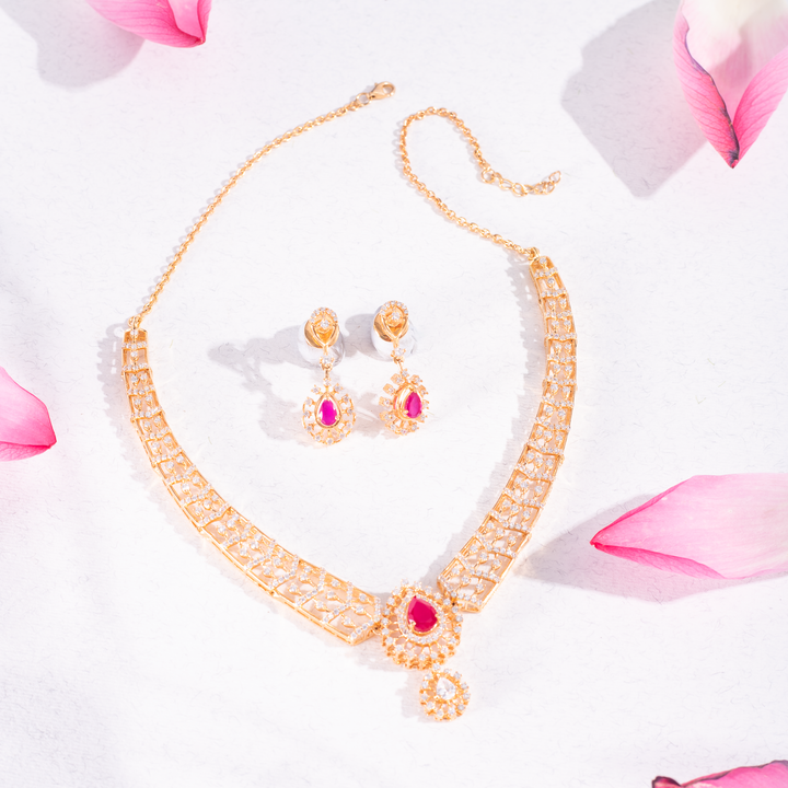 Gold-Plated Ruby Drop Necklace Set with Earrings