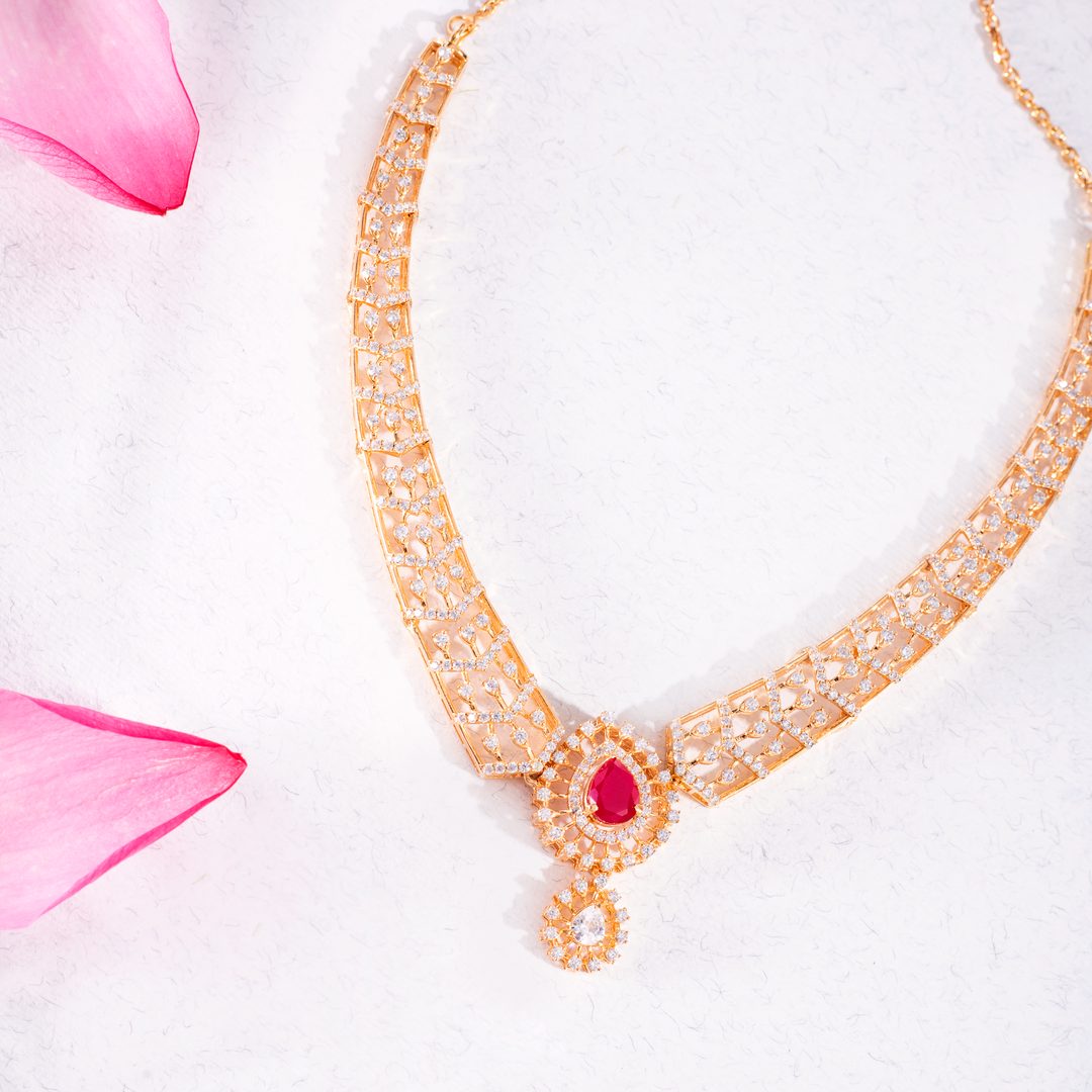 Gold-Plated Ruby Drop Necklace Set with Earrings