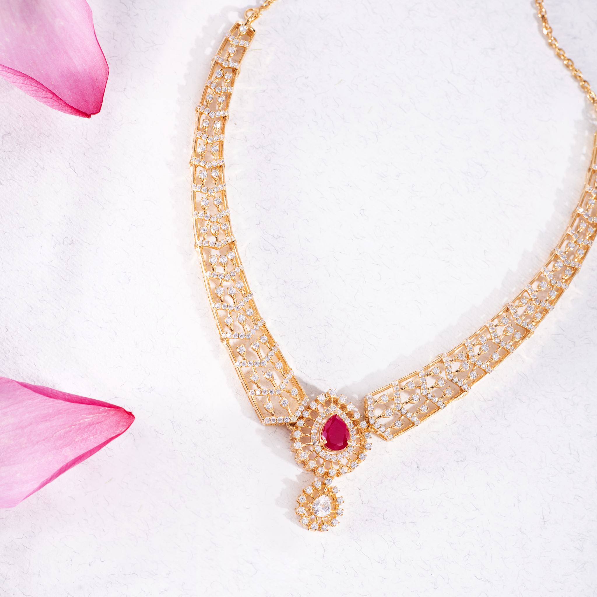 Gold-Plated Ruby Drop Necklace Set with Earrings