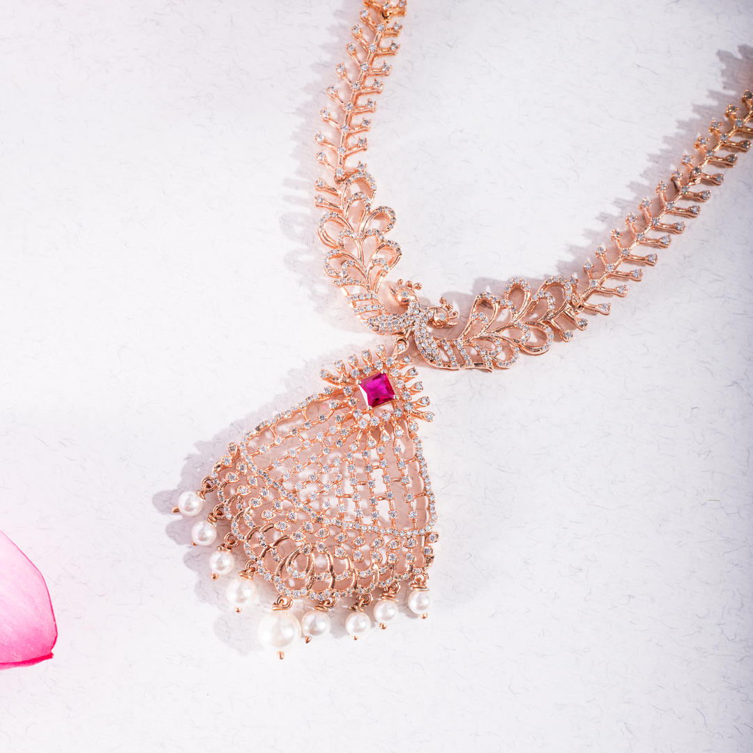 Rose Gold Plated Ruby & Pearl Statement Necklace