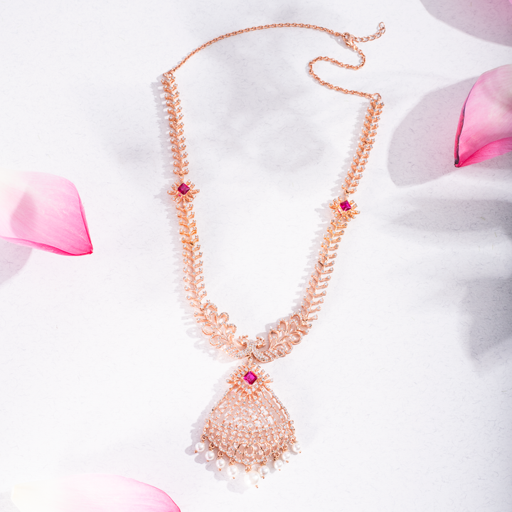 Rose Gold Plated Ruby & Pearl Statement Necklace