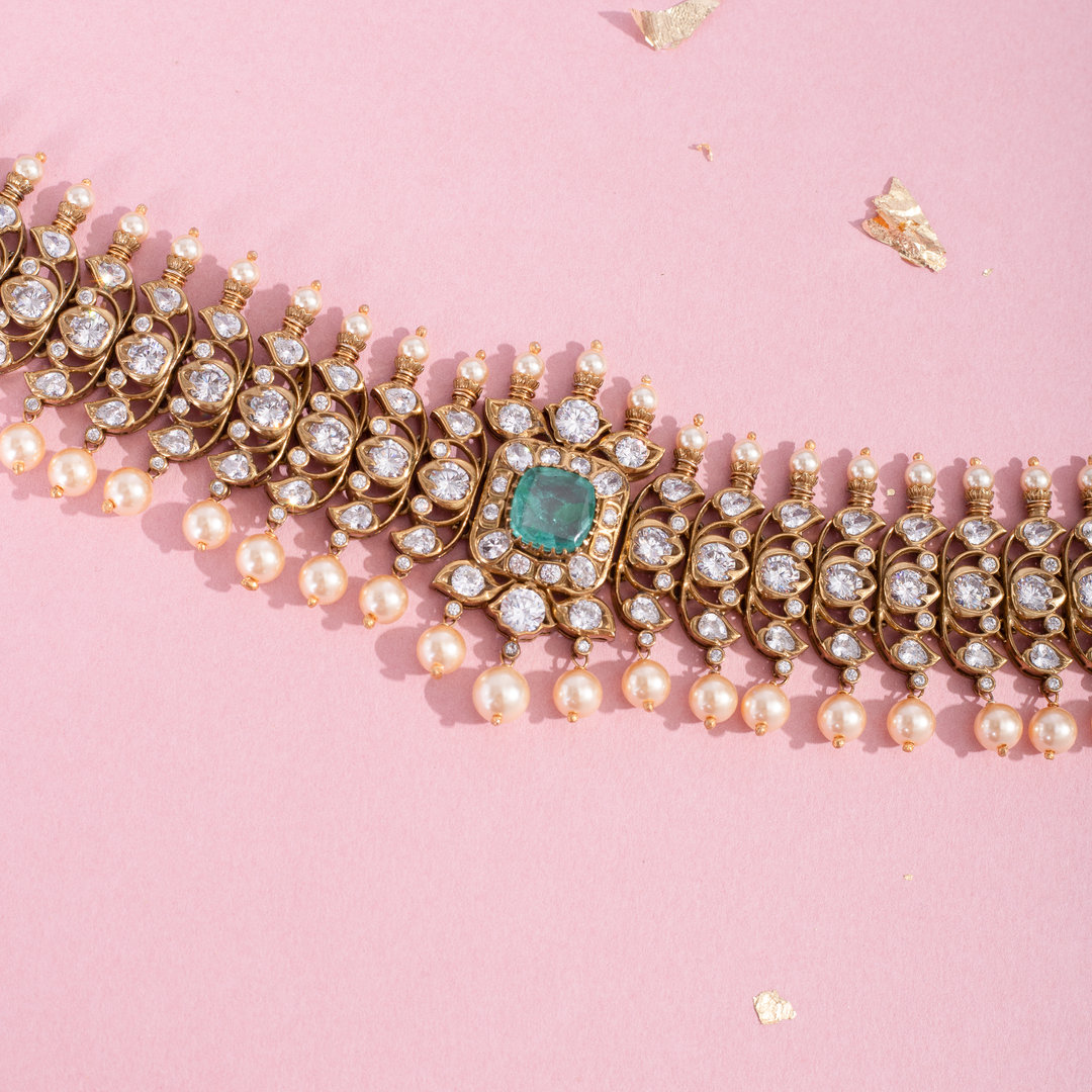 Emerald Choker Necklace Set with Long Earrings