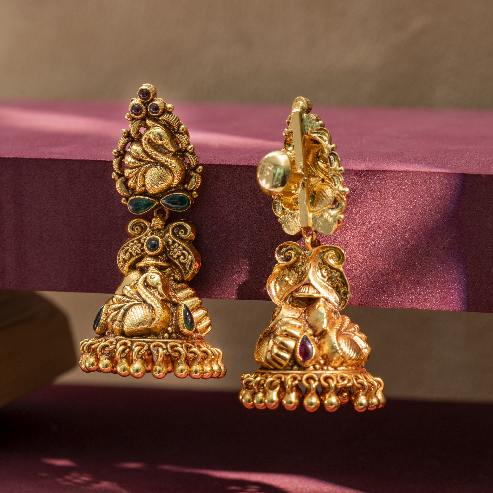 Gold-Plated Peacock Temple Jhumka Earrings