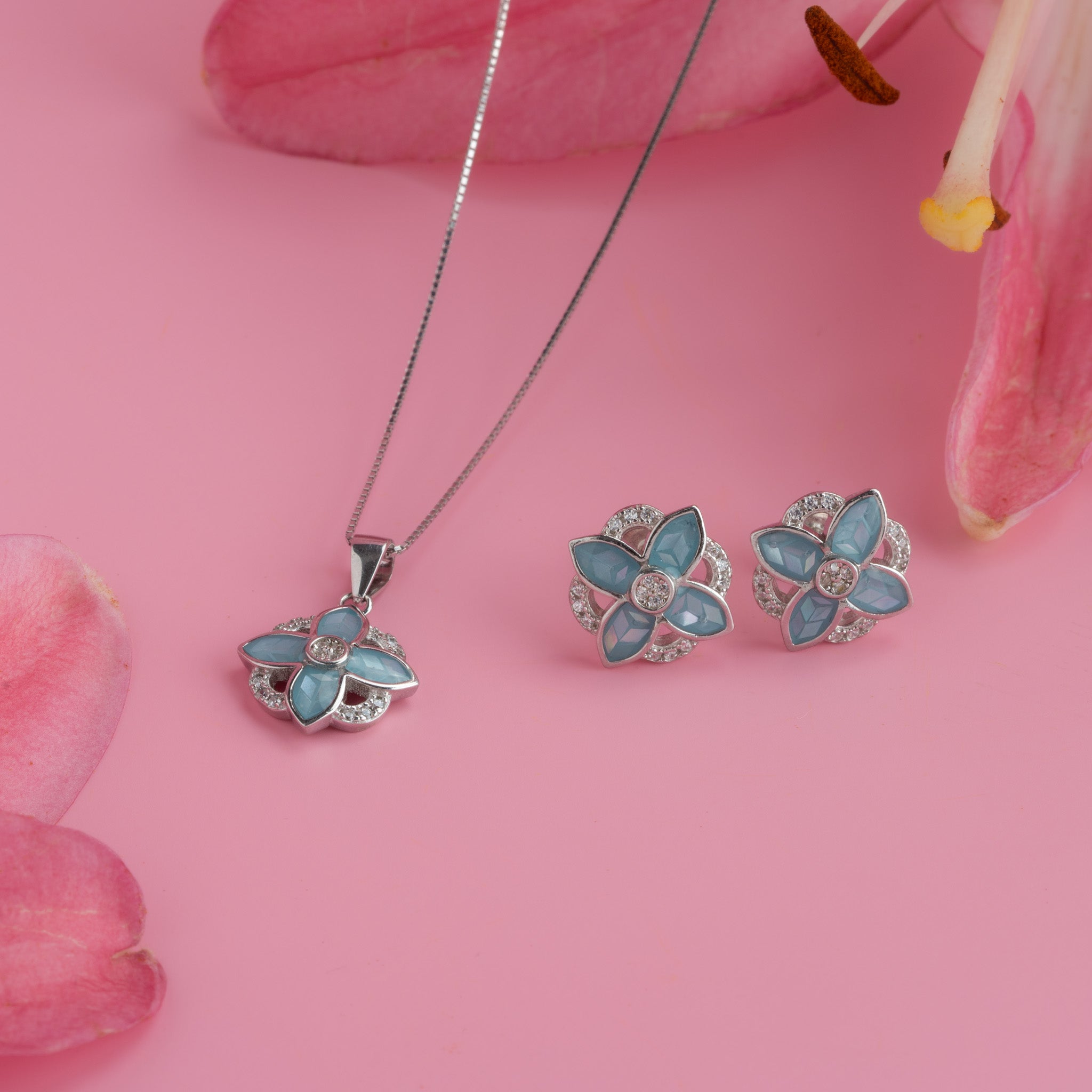 Aqua Blue Floral Silver Pendant Set with Earrings