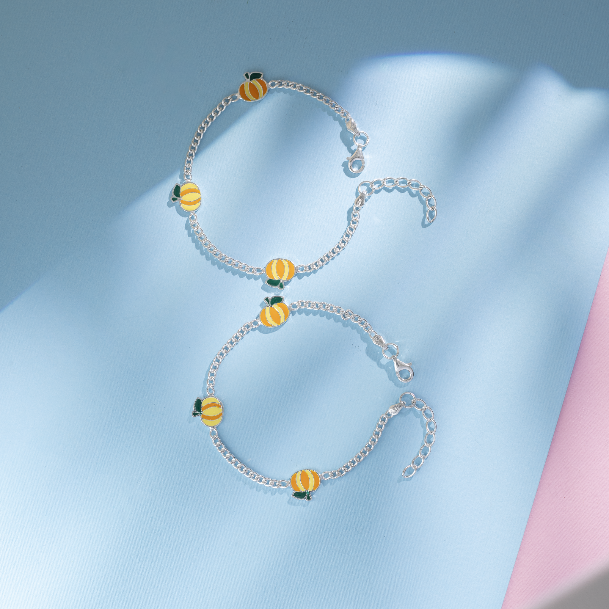 Sterling Silver Baby Anklet with Orange Enamel Charms