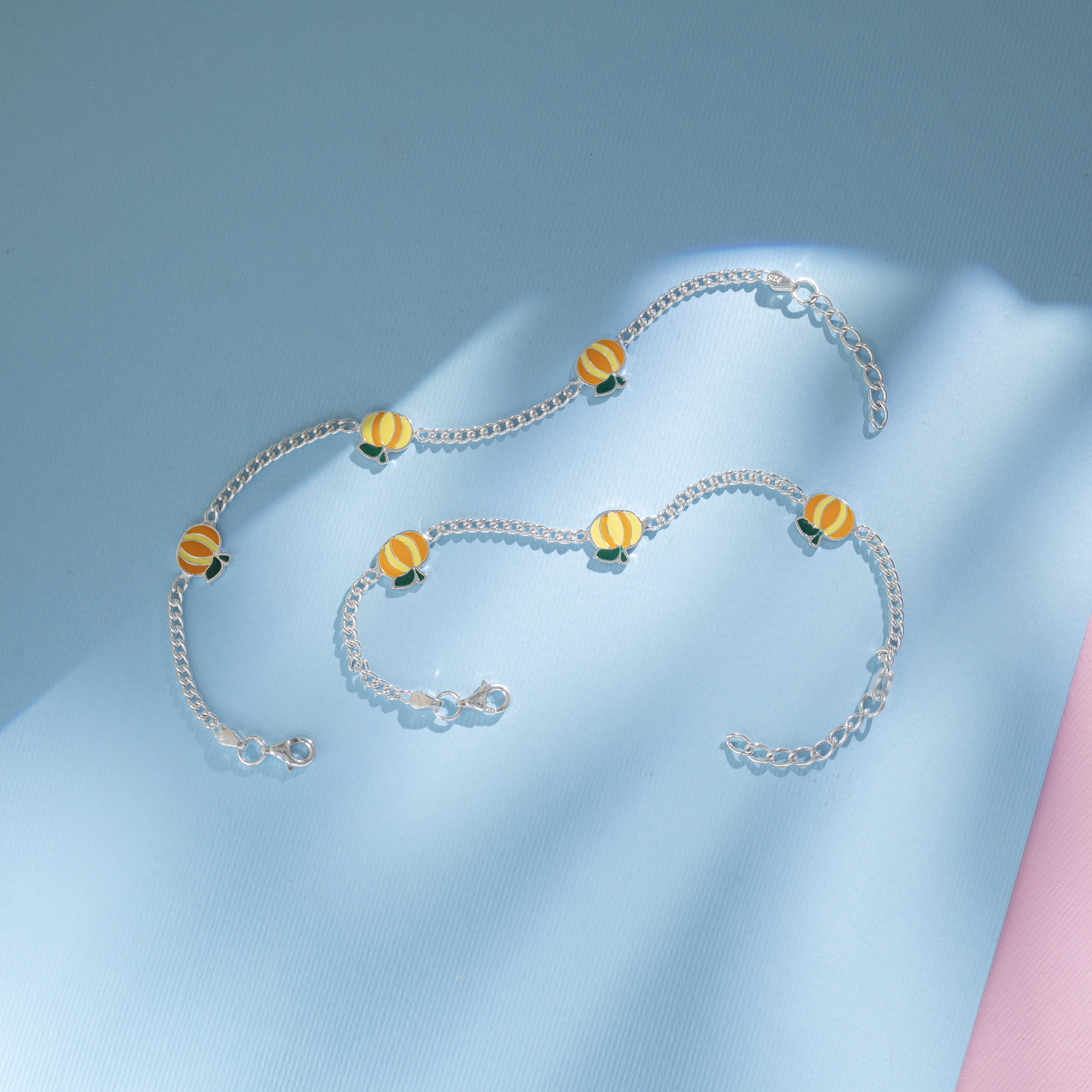 Sterling Silver Baby Anklet with Orange Enamel Charms