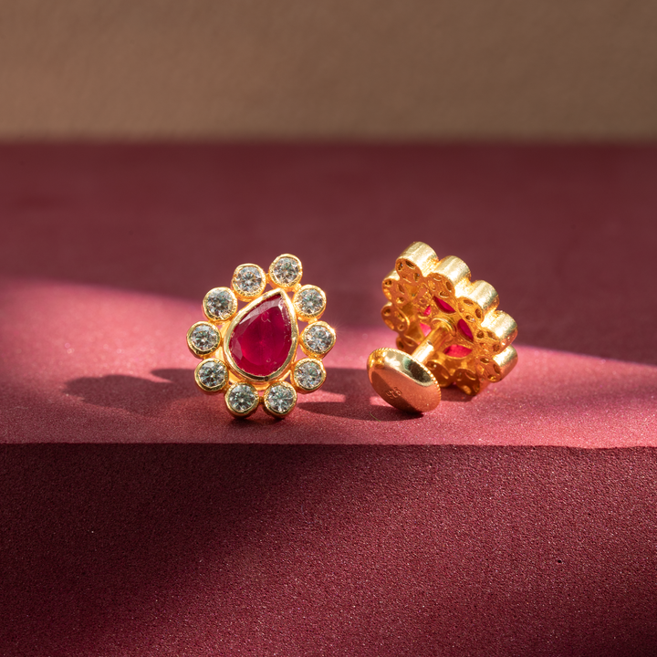 Gold-Plated Ruby & White CZ Stud Earrings