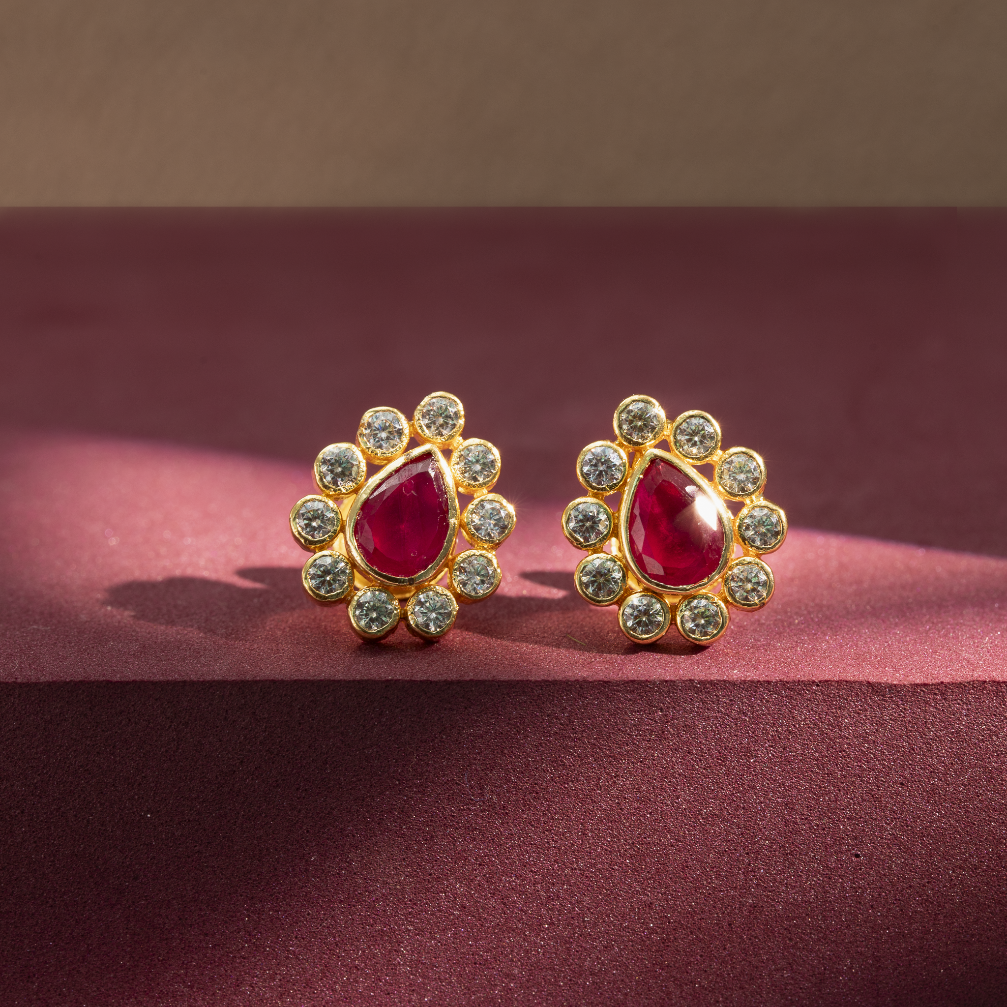 Gold-Plated Ruby & White CZ Stud Earrings