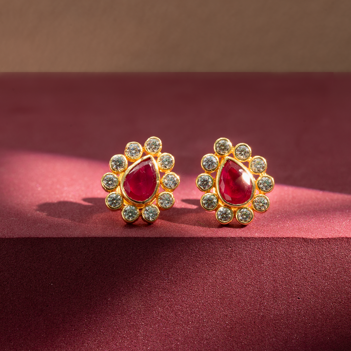Gold-Plated Ruby & White CZ Stud Earrings