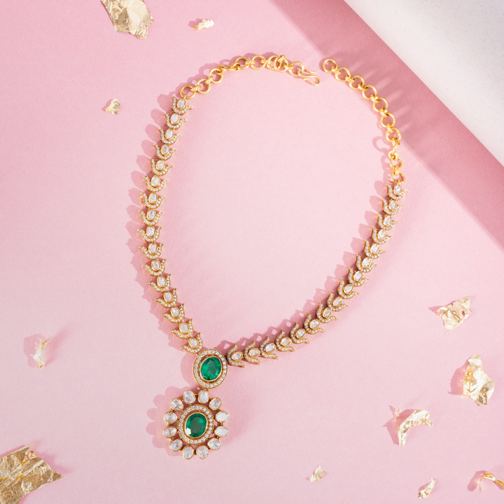 Gold-Plated Emerald Green Stone Necklace