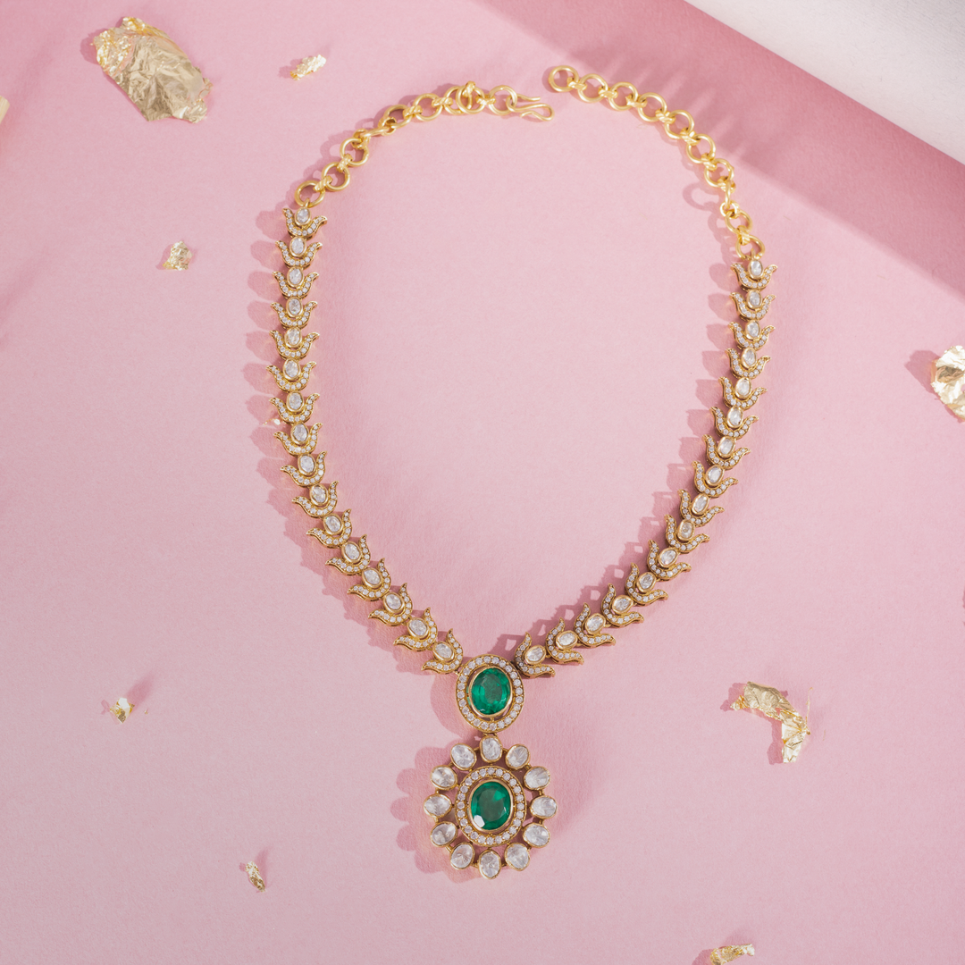 Gold-Plated Emerald Green Stone Necklace