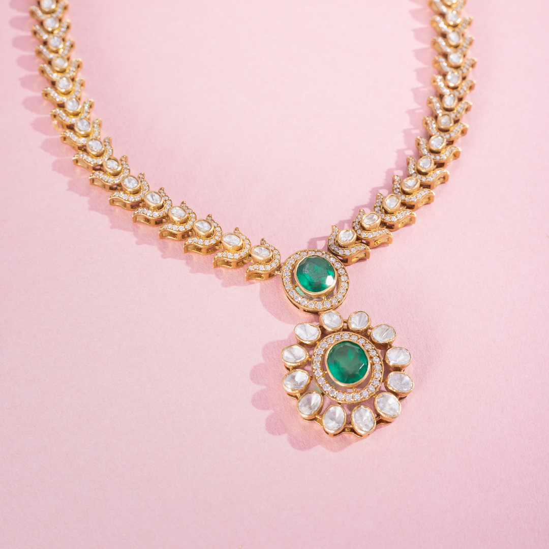 Gold-Plated Emerald Green Stone Necklace