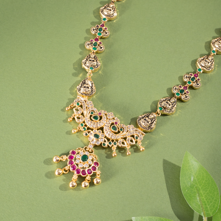 Gold-Plated Antique Temple Malai with Ruby & Emerald Stone Work