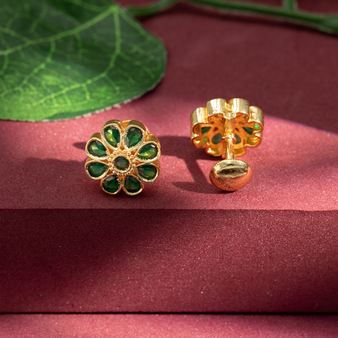 Gold-Plated Green Stone Floral Stud Earrings