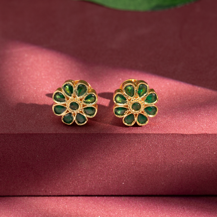 Gold-Plated Green Stone Floral Stud Earrings