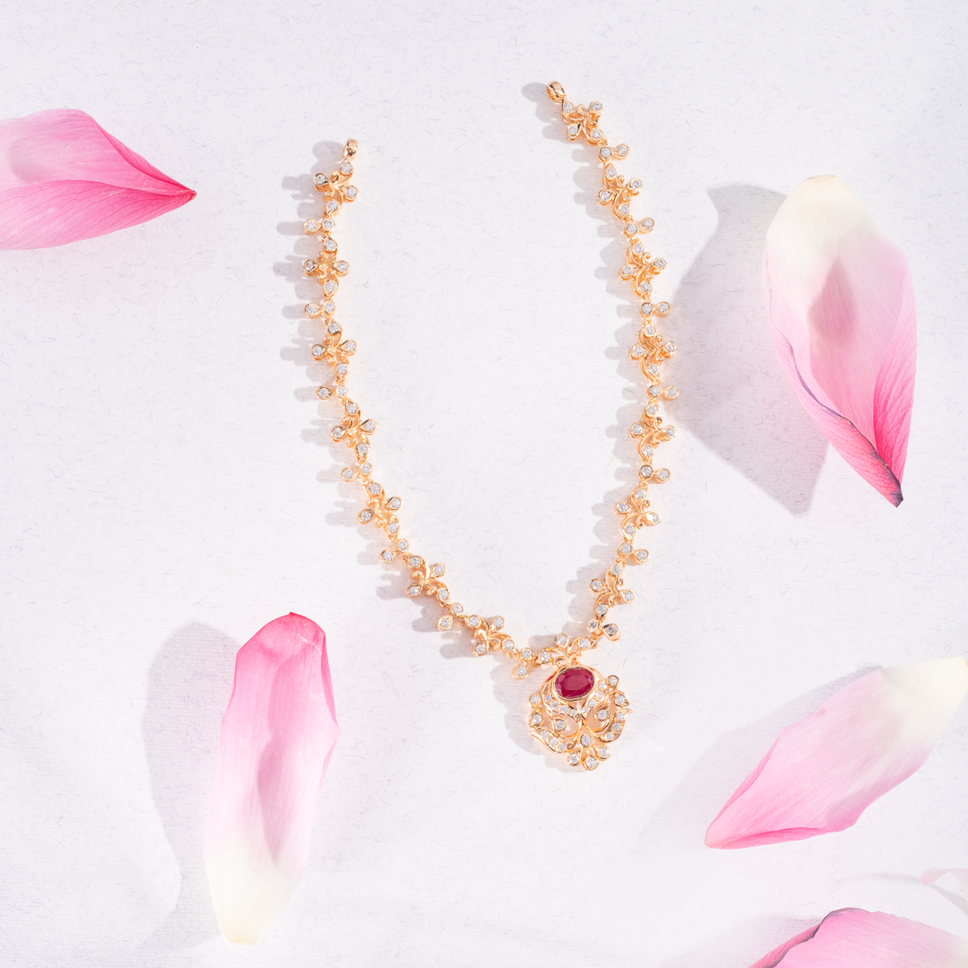 Gold-Plated Ruby & CZ Stone Necklace Set with Earrings