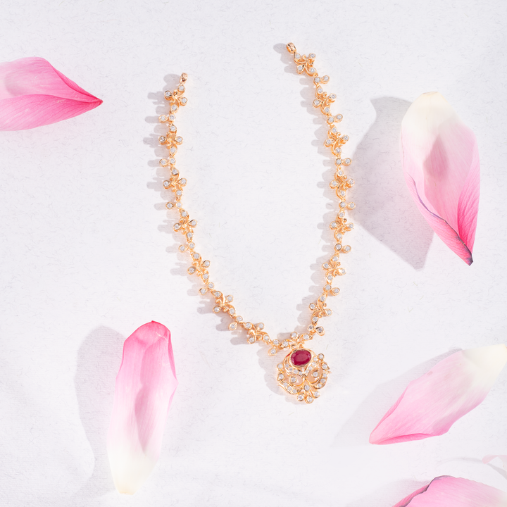 Gold-Plated Ruby & CZ Stone Necklace Set with Earrings